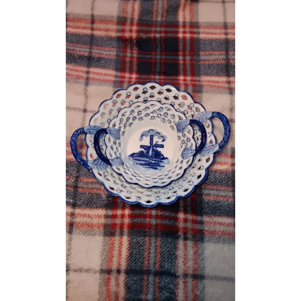 Lot Of 2 Delft Blue Pierced Lattice Trinket Dish, Holland, Windmill Handpainted